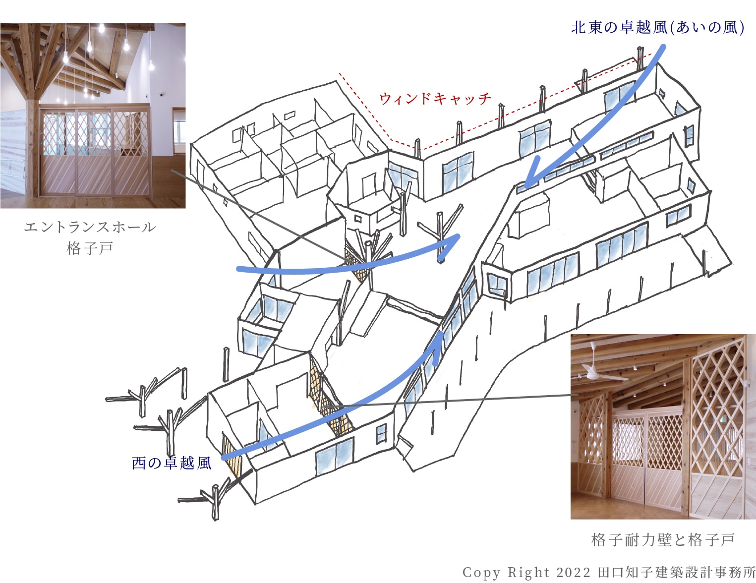 自然通風のための窓と格子戸